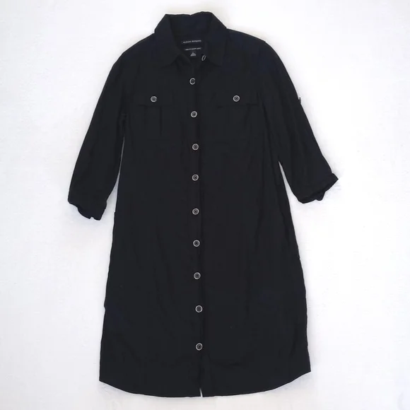 Banana Republic 3/4 Sleeve Black Soft Italian Cotton Button Down Shirt Dress 2 - Picture 5 of 16